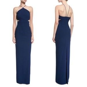 Aidan Mattox Crepe Cutout Halter Neck Column Evening Gown Dress Navy Blue 6